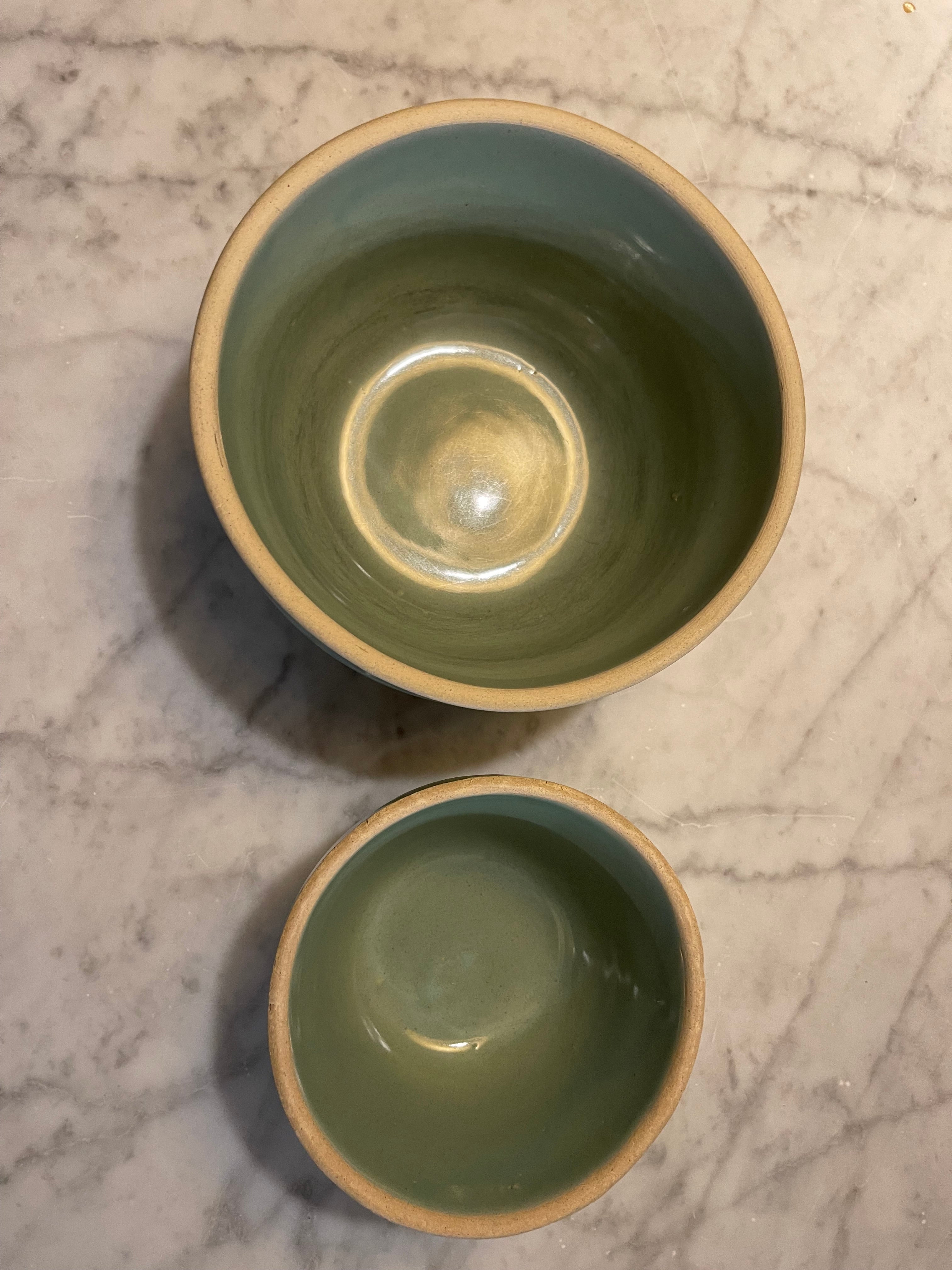 USA Pottery Vintage Ribbed Stoneware 7” & 5" Mixing Bowl Green