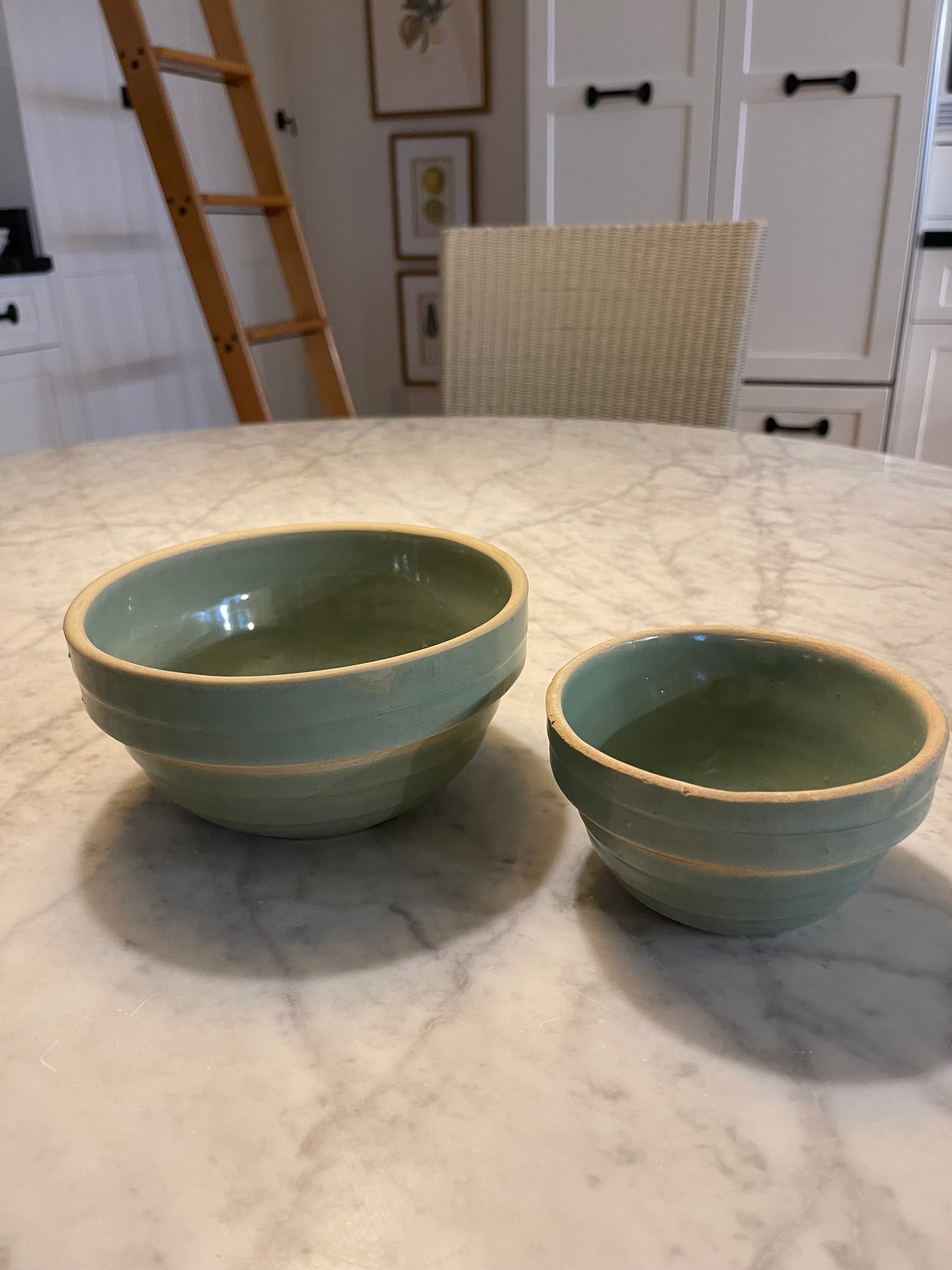 USA Pottery Vintage Ribbed Stoneware 7” & 5" Mixing Bowl Green