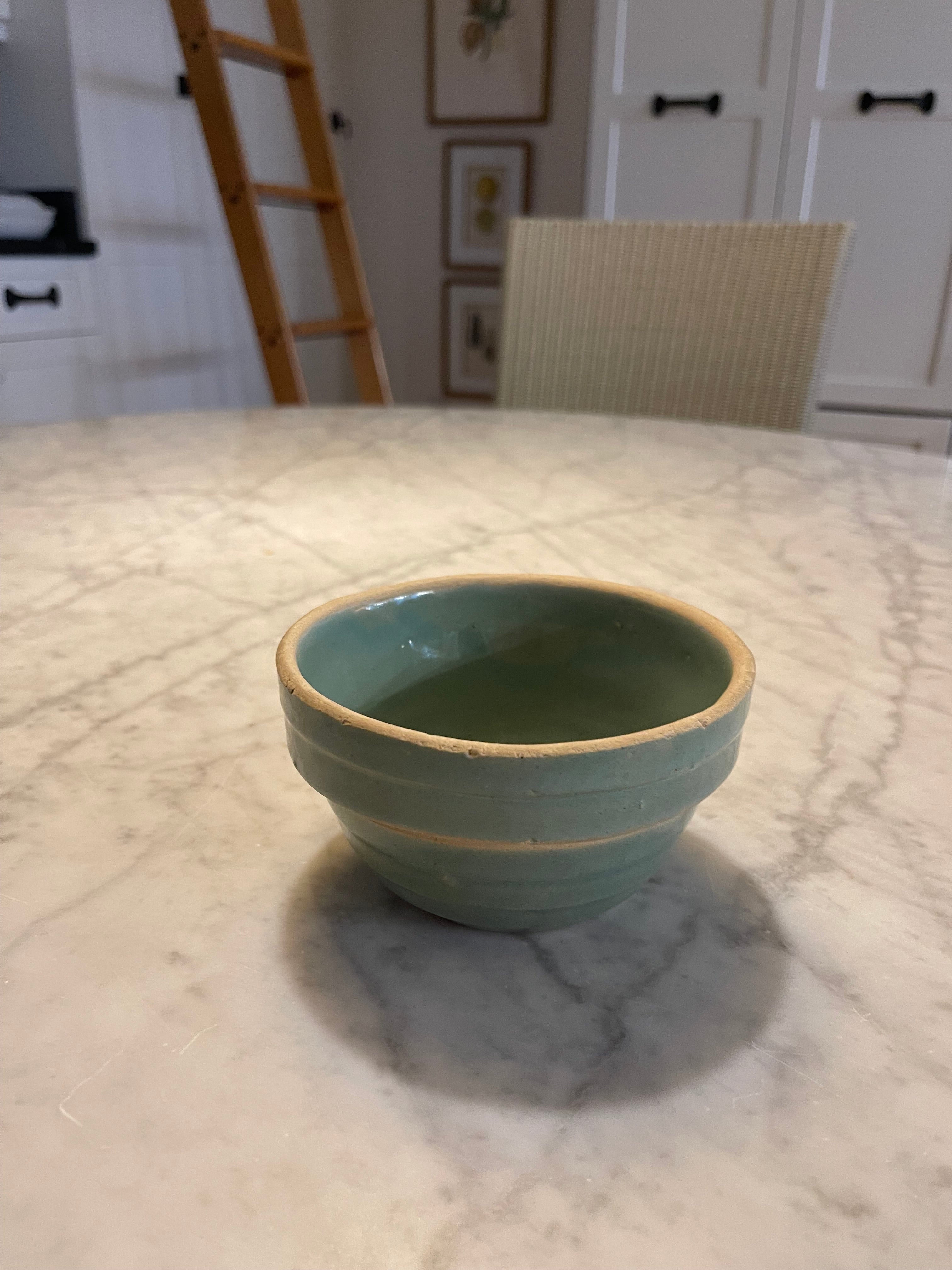 USA Pottery Vintage Ribbed Stoneware 7” & 5" Mixing Bowl Green