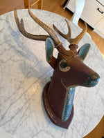 Load image into Gallery viewer, German Hand Carved And Hand Painted Wood Deer Head With Antlers, Wall Plaque Vintage Swedish Norwegian Deer Mount Folk Art
