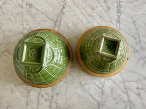 Set of 2 Vintage McCoy Apple Green Windowpane Piecrust Yellowware Mixing Bowls with Shield #8 and #9