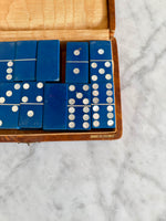 Load image into Gallery viewer, Vintage French Dominoes Set 28 Piece Double Six Blue Tiles With Leather Case
