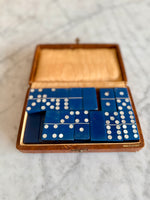 Load image into Gallery viewer, Vintage French Dominoes Set 28 Piece Double Six Blue Tiles With Leather Case
