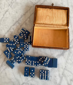 Load image into Gallery viewer, Vintage French Dominoes Set 28 Piece Double Six Blue Tiles With Leather Case
