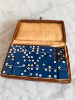 Load image into Gallery viewer, Vintage French Dominoes Set 28 Piece Double Six Blue Tiles With Leather Case
