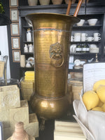 Load image into Gallery viewer, Vintage Hammered Brass Umbrella Stand Lion Head Handles Paw Feet
