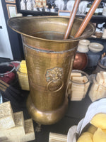 Load image into Gallery viewer, Vintage Hammered Brass Umbrella Stand Lion Head Handles Paw Feet
