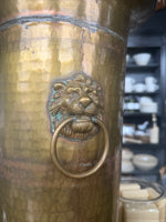 Load image into Gallery viewer, Vintage Hammered Brass Umbrella Stand Lion Head Handles Paw Feet
