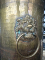 Load image into Gallery viewer, Vintage Hammered Brass Umbrella Stand Lion Head Handles Paw Feet
