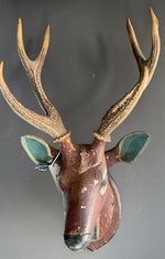 Load image into Gallery viewer, German Hand Carved And Hand Painted Wood Deer Head With Antlers, Wall Plaque Vintage Swedish Norwegian Deer Mount Folk Art
