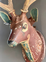 Load image into Gallery viewer, German Hand Carved And Hand Painted Wood Deer Head With Antlers, Wall Plaque Vintage Swedish Norwegian Deer Mount Folk Art
