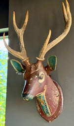 Load image into Gallery viewer, German Hand Carved And Hand Painted Wood Deer Head With Antlers, Wall Plaque Vintage Swedish Norwegian Deer Mount Folk Art
