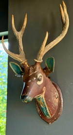 Load image into Gallery viewer, German Hand Carved And Hand Painted Wood Deer Head With Antlers, Wall Plaque Vintage Swedish Norwegian Deer Mount Folk Art
