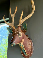 Load image into Gallery viewer, German Hand Carved And Hand Painted Wood Deer Head With Antlers, Wall Plaque Vintage Swedish Norwegian Deer Mount Folk Art

