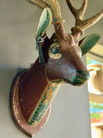 Load image into Gallery viewer, German Hand Carved And Hand Painted Wood Deer Head With Antlers, Wall Plaque Vintage Swedish Norwegian Deer Mount Folk Art
