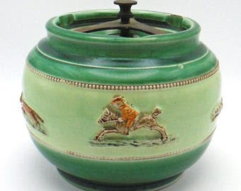 denby tobacco jar Vintage Bourne Denby Stoneware Humidor: 1930s Fox Hunt Decor