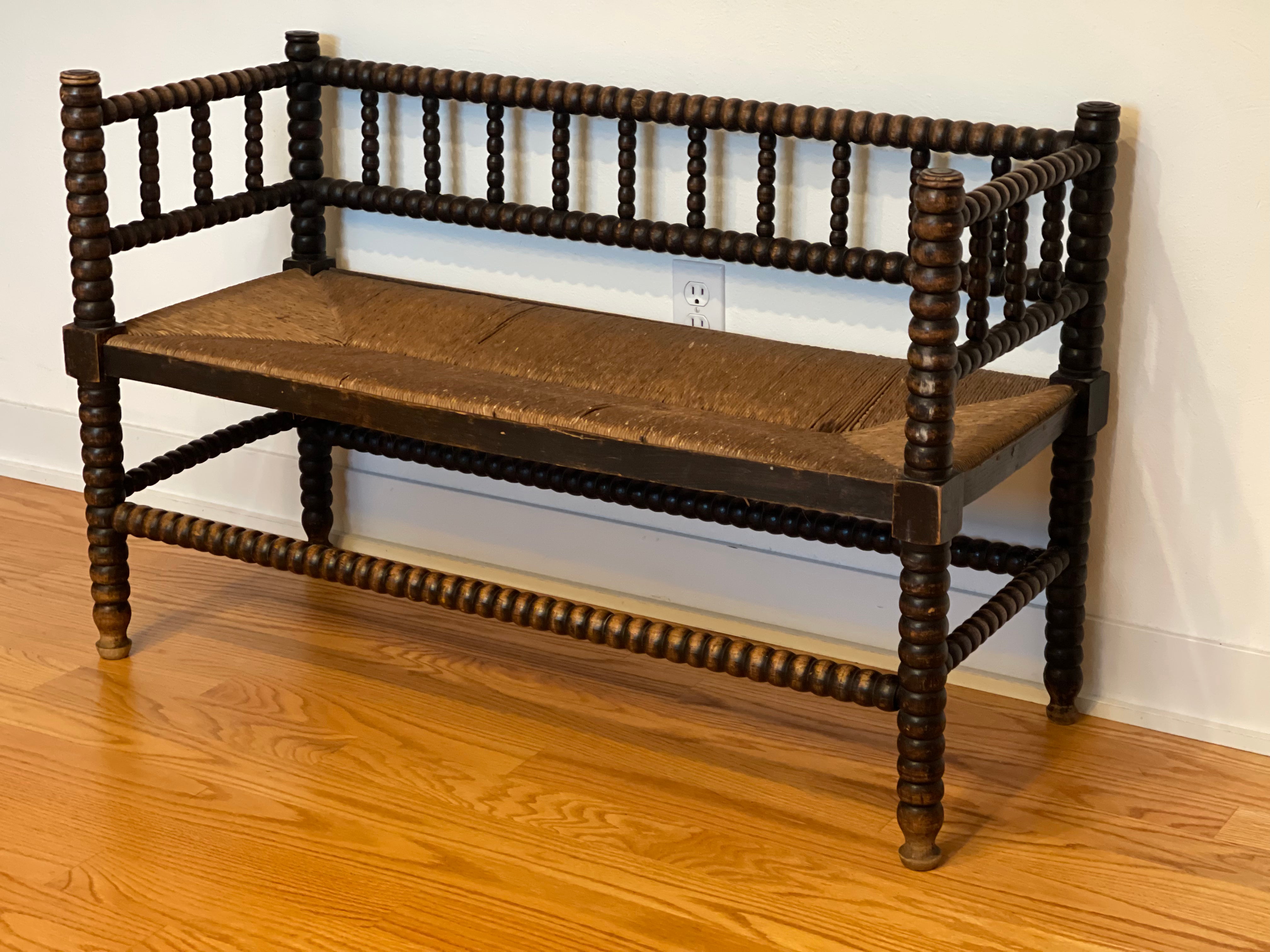 Vintage Bobbin Bench with Rush Seat and Twisted Legs, 1920