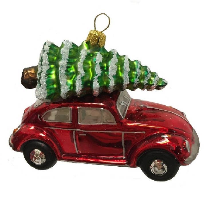 Red Volkswagen Beetle Car with Tree Polish Glass Ornament