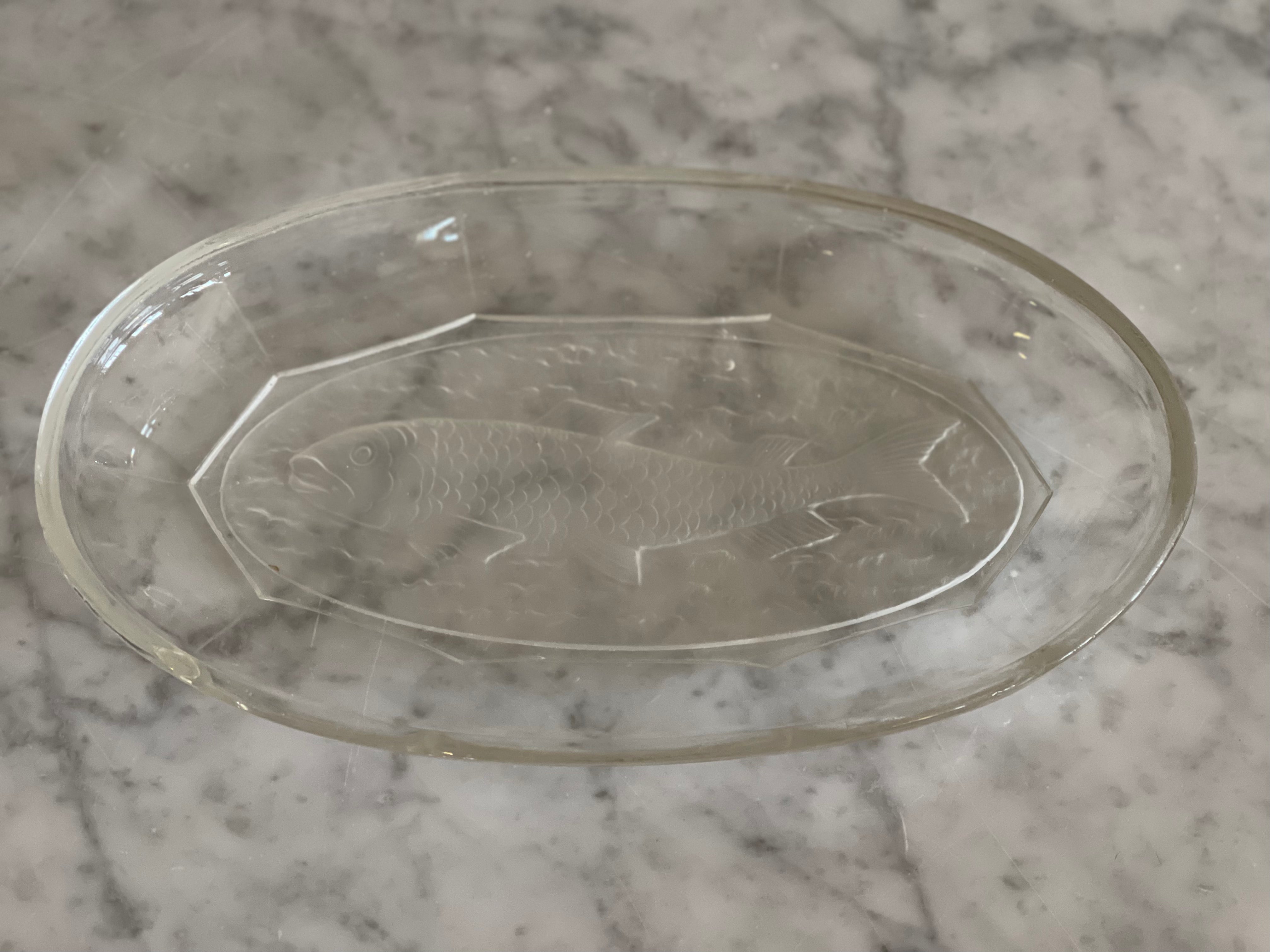 Heavy Oval Glass Serving Plate Fish Embossed