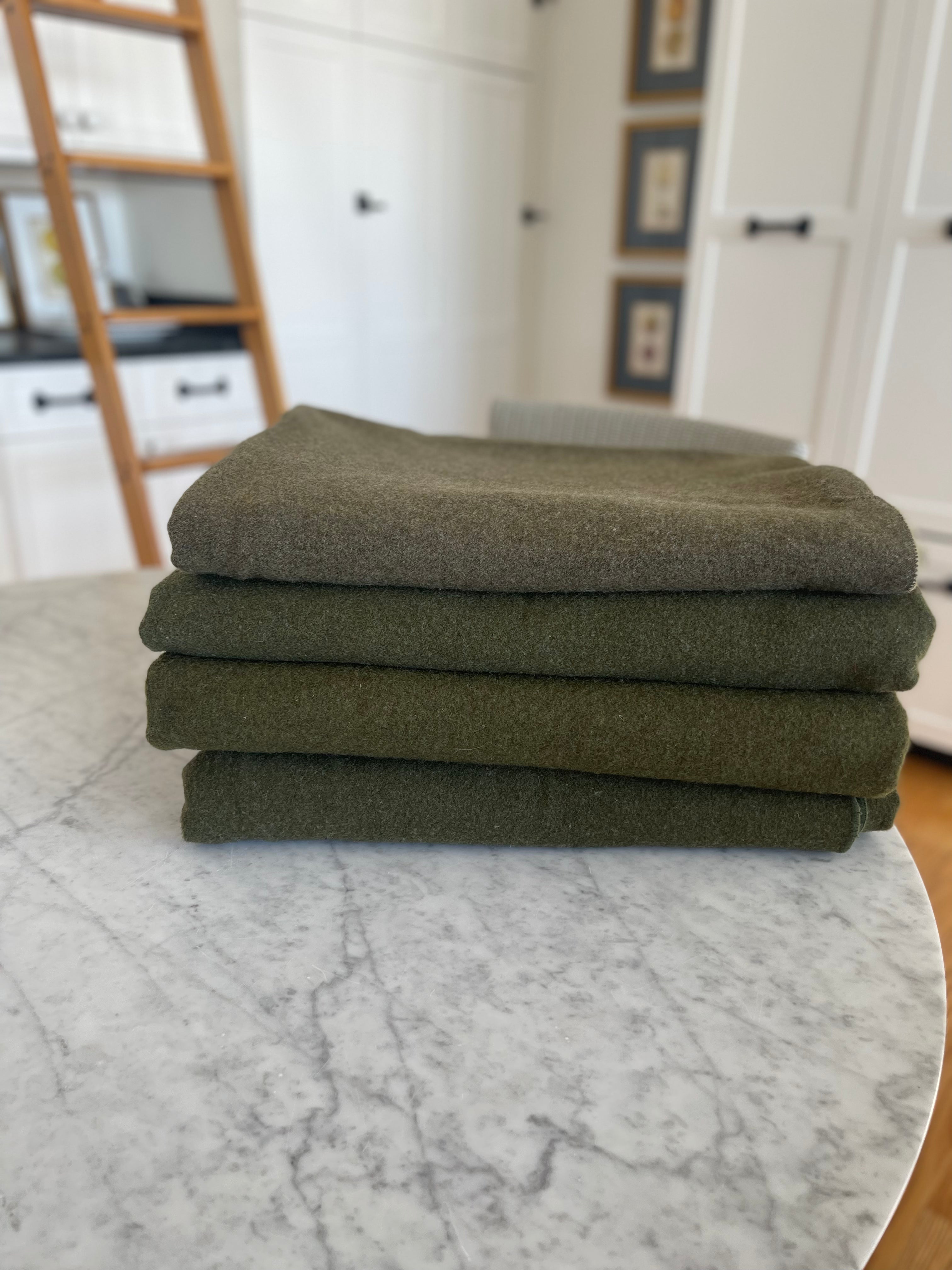 Vintage Wool Blanket Olive Green 65” x 82”